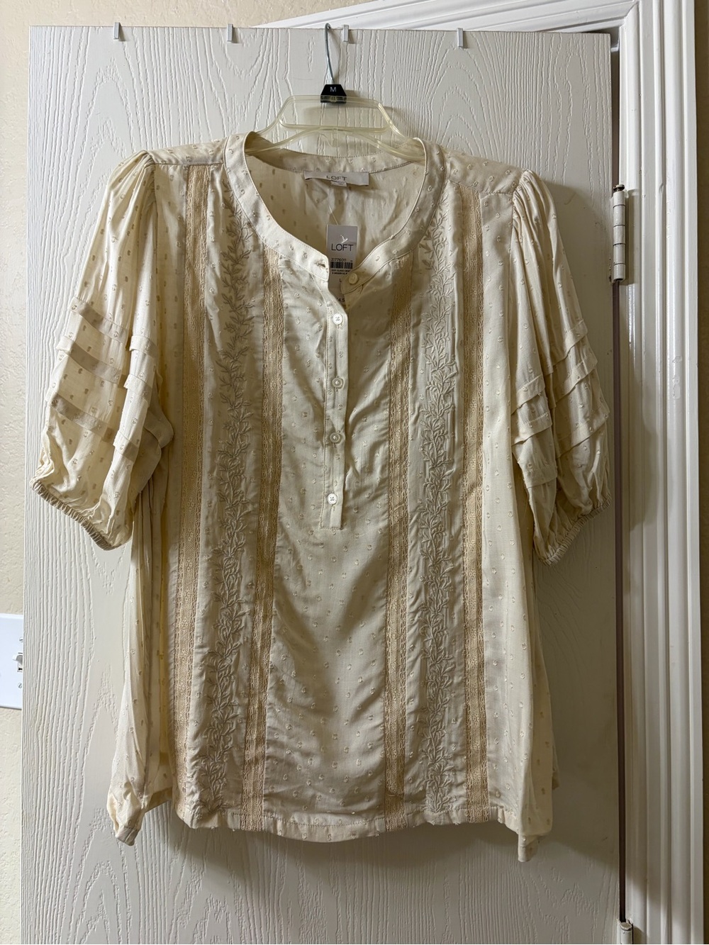 LOFT Cream Embroidered Pintuck Short Sleeve Blouse